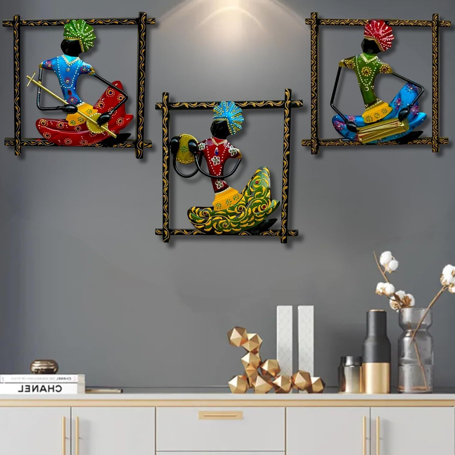 Anshika International Wall Art 3 Musicians Doll Metal Frame, Wall Hanging For Living Room, Bedroom, Dining Room Wall Sculpture For Home Decoration, Office, Hotele (Size 9X9 Inch)-A4