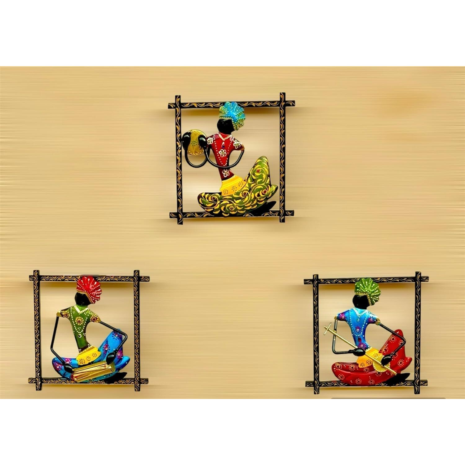 Anshika International Wall Art 3 Musicians Doll Metal Frame, Wall Hanging For Living Room, Bedroom, Dining Room Wall Sculpture For Home Decoration, Office, Hotele (Size 9X9 Inch)-A4