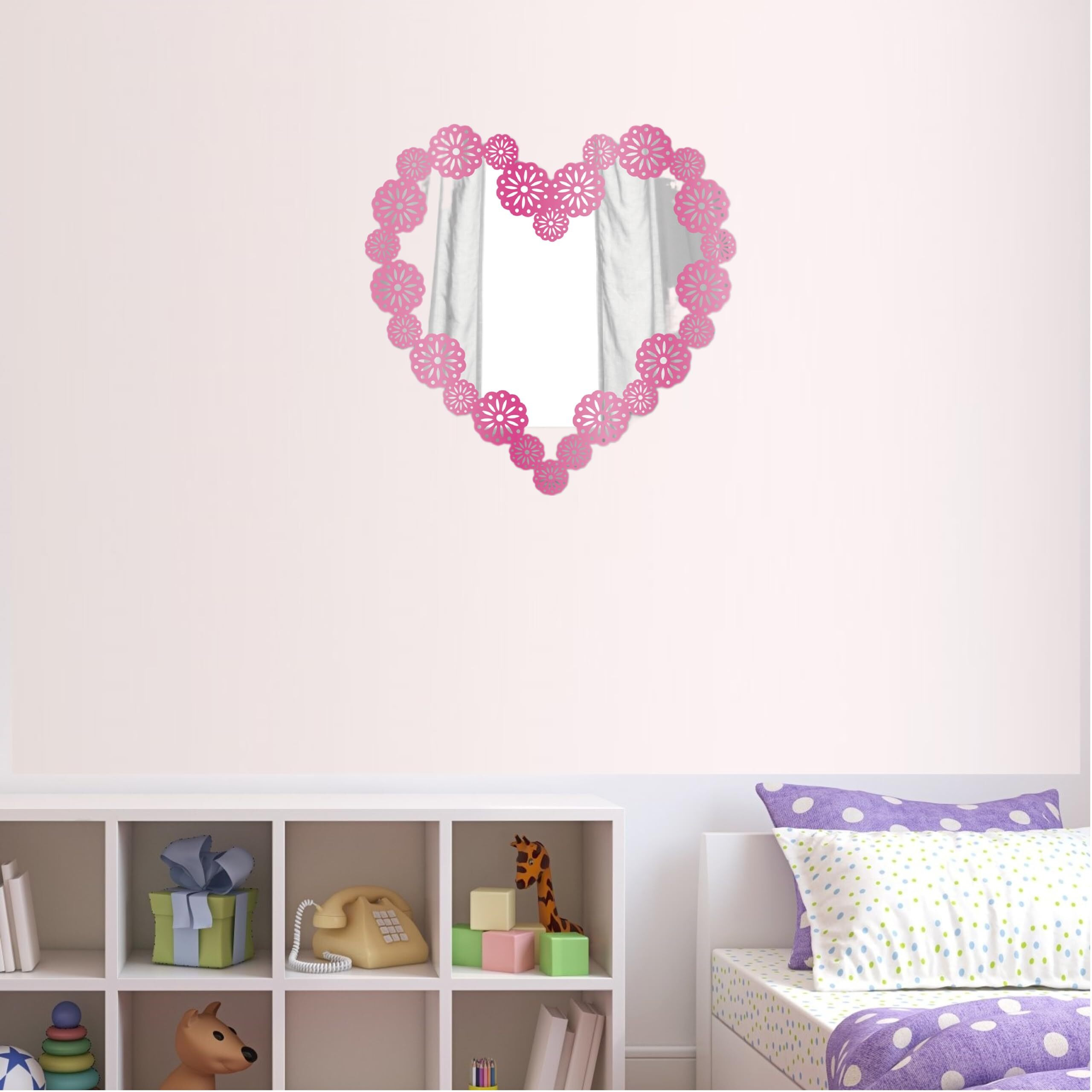 Heureka Pink Color Heart Shape With Flower Design Self Adhesive Wall Acrylic Mirror Sticker (25 Cm X 25 Cm)