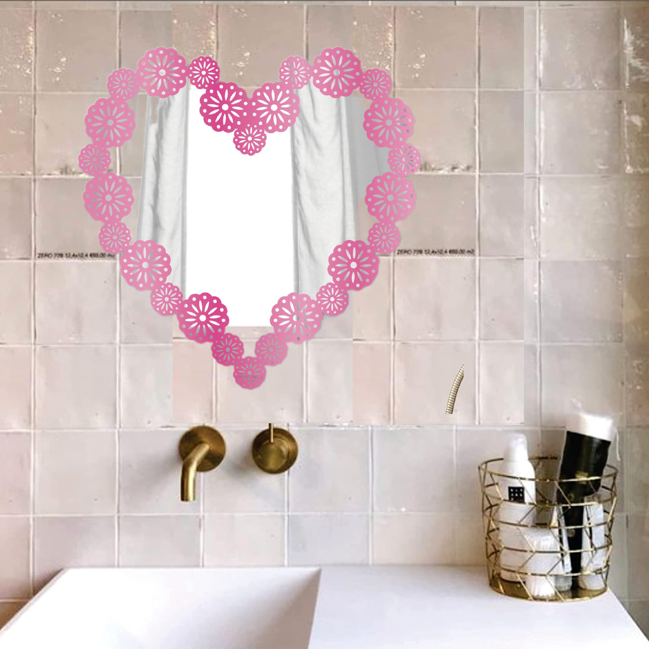 Heureka Pink Color Heart Shape With Flower Design Self Adhesive Wall Acrylic Mirror Sticker (25 Cm X 25 Cm)