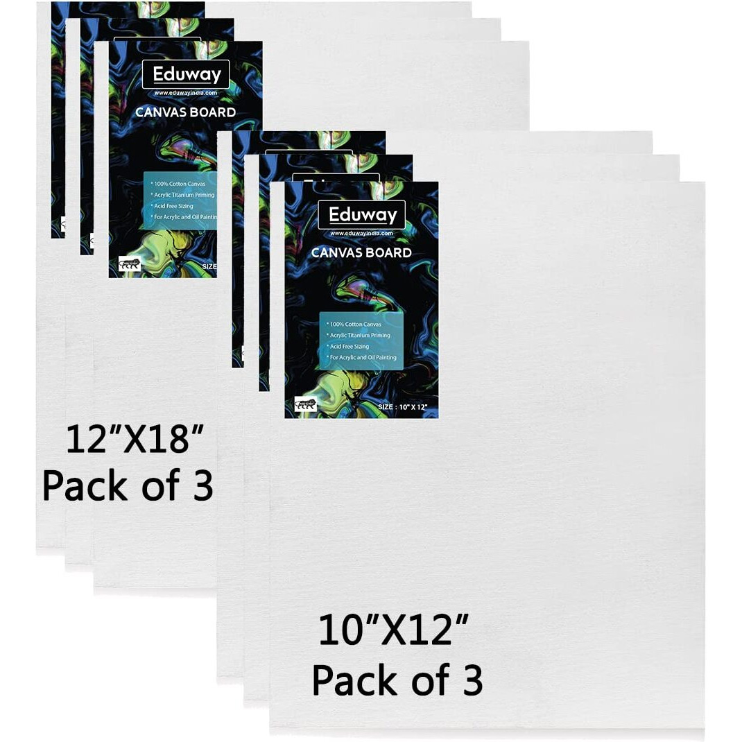 Eduway Canvas Board For Painting- (10X12 |12X18) 3 Pcs Each | Premium Quality 7Oz Pre-Primed Cotton Canvas Board For Artists & Beginners | Ideal For Acrylic, Oil, Gouache, Pastels Colors ( Pack Of 6) (25X30, 30X46 Cms).