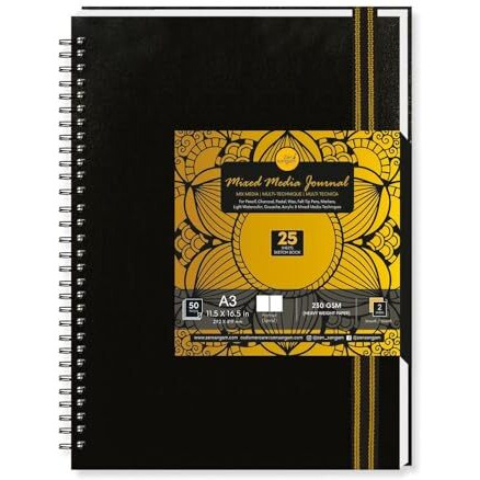 Zen Sangam - A3 Portrait Artists- 230 Gsm (50 Pages), Spiral Mixed Media Art Journal - Ultra Smooth Surface - Acid Free Cartridge Paper - Size(42X29.7Cm)-For Pencils,Chalk,Oil Pastels,Crayons-Black
