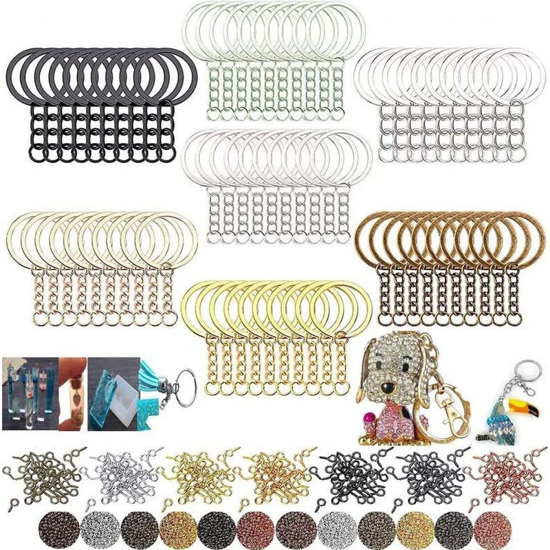 Diy Crafts 2X, Dark Gold, 2 Pcs Only, Split Key Ring With Chain Set, Metal Flat Keychain Rings 1 Inch With Open Jump Rings And Screw Eye Pins Bulk, Colors Choice, For Resin (2X, Dark Gold)
