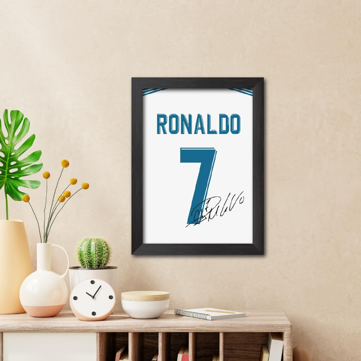 Tenorarts Cristiano Ronaldo Poster Frame Madrid White Jersey Laminated Photo Print With Signature Framed Painting With Matt Finish Black Texture (12 Inches X 9Inches)
