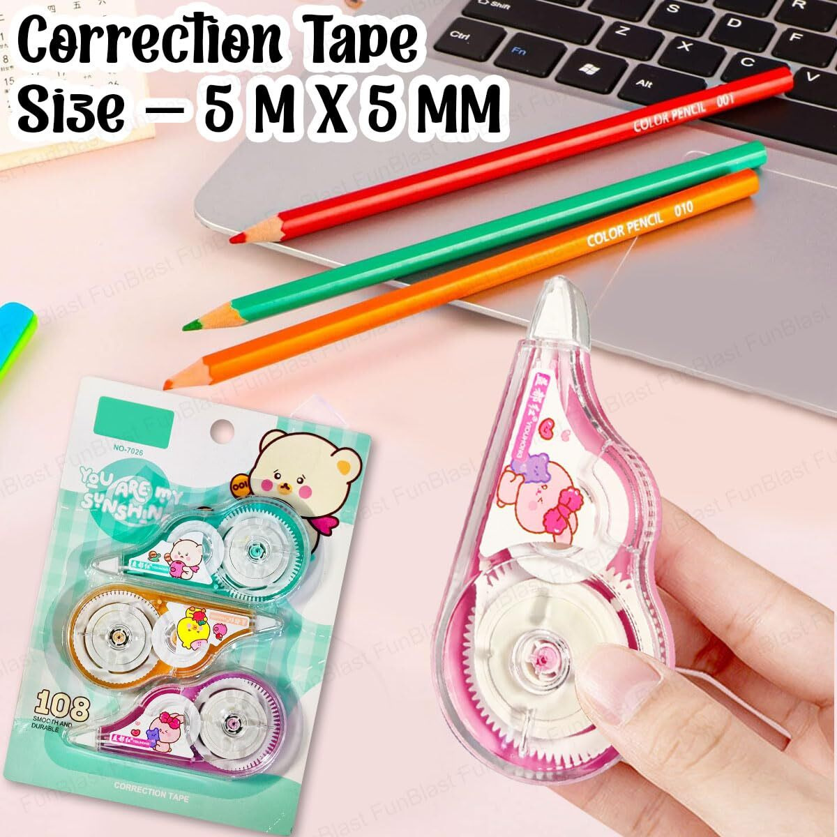 Funblast Correction Tape  Pack Of 3 Pcs Correction Tape 5Mx 5 Mm For Journal, Correction Pen, Whitener For Correction, Stationery Items For School & Office, Correction Pen Tape
