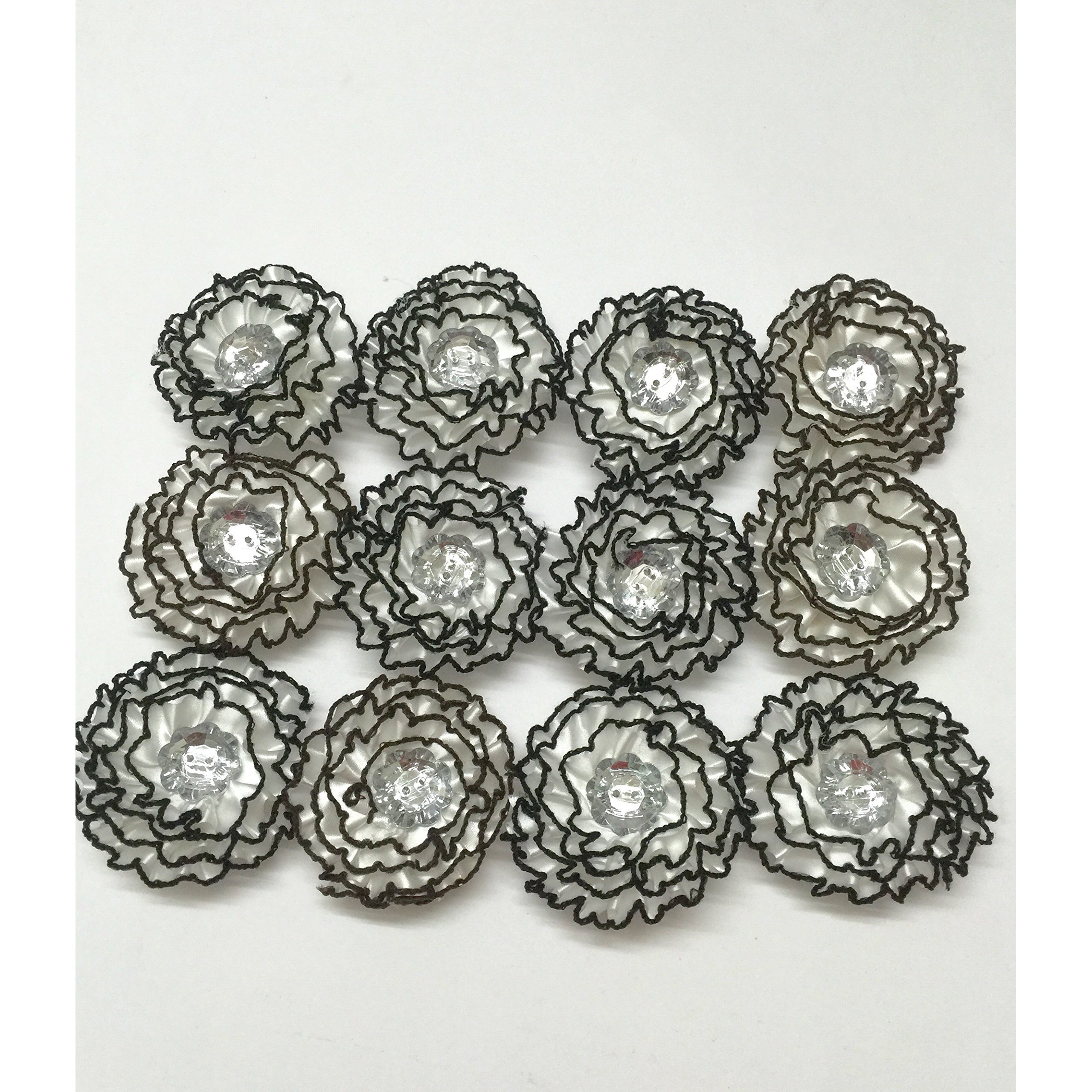 Eerafashionicing White And Black Ribbon And Flowers Appliques Satin Fabric And Acrylic Stone (Pack Of 6 Pcs)