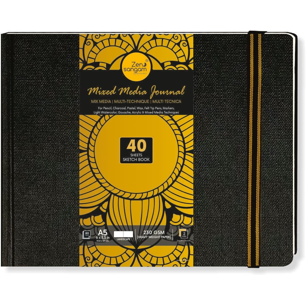 Zen Sangam - Landscape A5 Artists' 230Gsm, (80 Pages) Mixed Media Art Journal - Sketch Book Stitched Hardbound - Acid Free Cartridge Paper,Size (20.8Cm X 15.5Cm)Pencils,Chalk,Oil Pastels,Crayons-Black