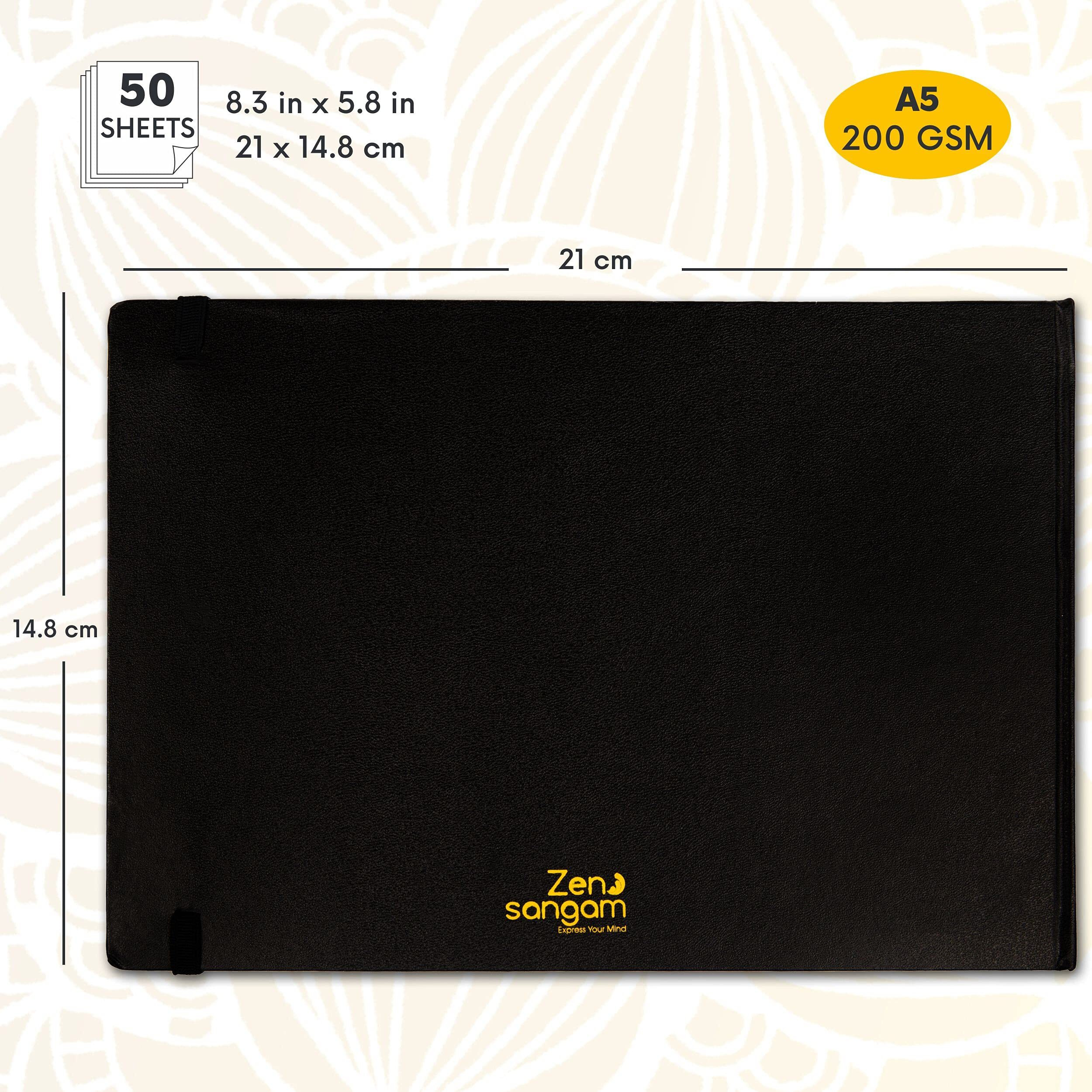 Zen Sangam - Landscape A5 Artists' 230Gsm, (80 Pages) Mixed Media Art Journal - Sketch Book Stitched Hardbound - Acid Free Cartridge Paper,Size (20.8Cm X 15.5Cm)Pencils,Chalk,Oil Pastels,Crayons-Black