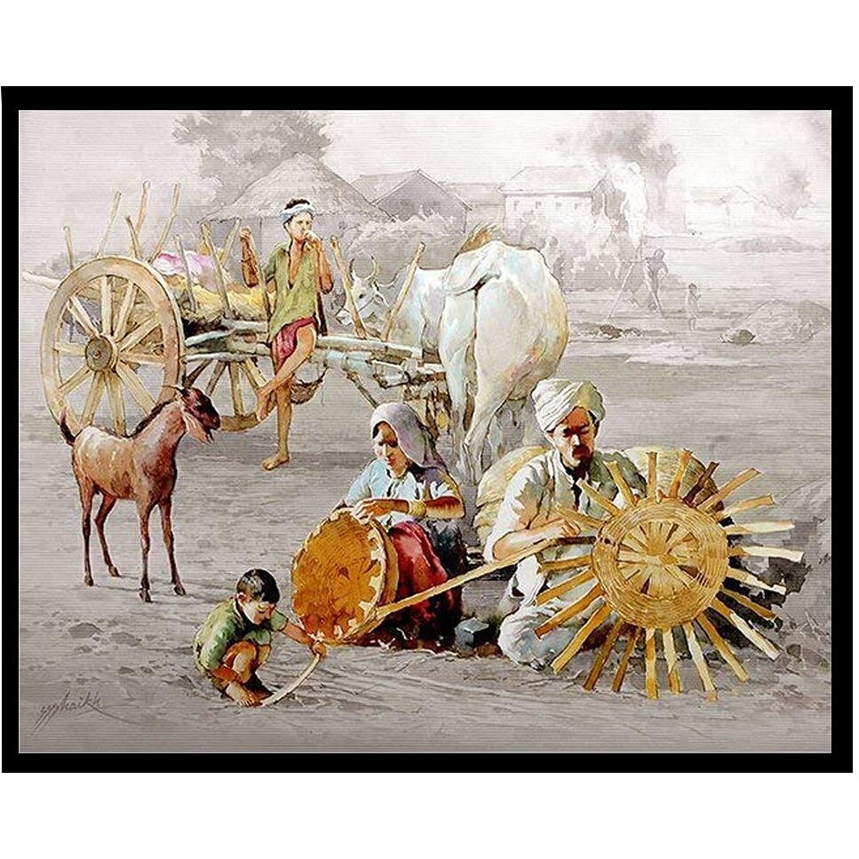 Treemaison Paper Village Scene - Vastu Remedy, Painting Village Scene Without Frame, 17 Inch