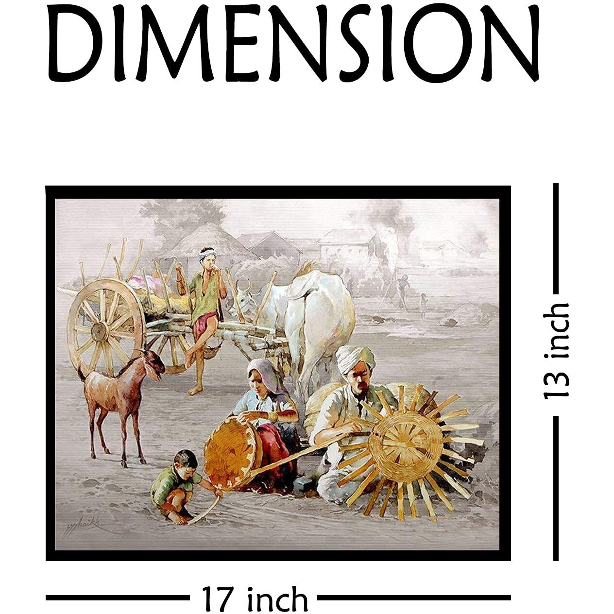 Treemaison Paper Village Scene - Vastu Remedy, Painting Village Scene Without Frame, 17 Inch
