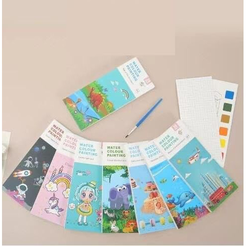 Qolixs Pocket Watercolor Book 20 Sheets Water Painting Patterns Book With Art Brush For Kids Toddle Cartoon Painting Kit Children Watercolor Paint Book | Portable Pocket Travel Watercolor Kit