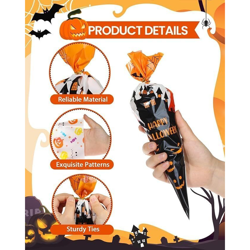 Coral Tree 25 Pieces Halloween Treat Bags, Cellophane Gift Goodie Bags With Ties, Cone Shaped Plastic Treat Bags For Halloween Cotton Candy, Popcorn, Cookies, Snack