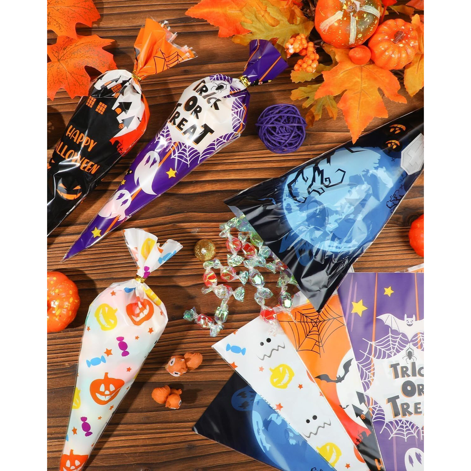 Coral Tree 25 Pieces Halloween Treat Bags, Cellophane Gift Goodie Bags With Ties, Cone Shaped Plastic Treat Bags For Halloween Cotton Candy, Popcorn, Cookies, Snack