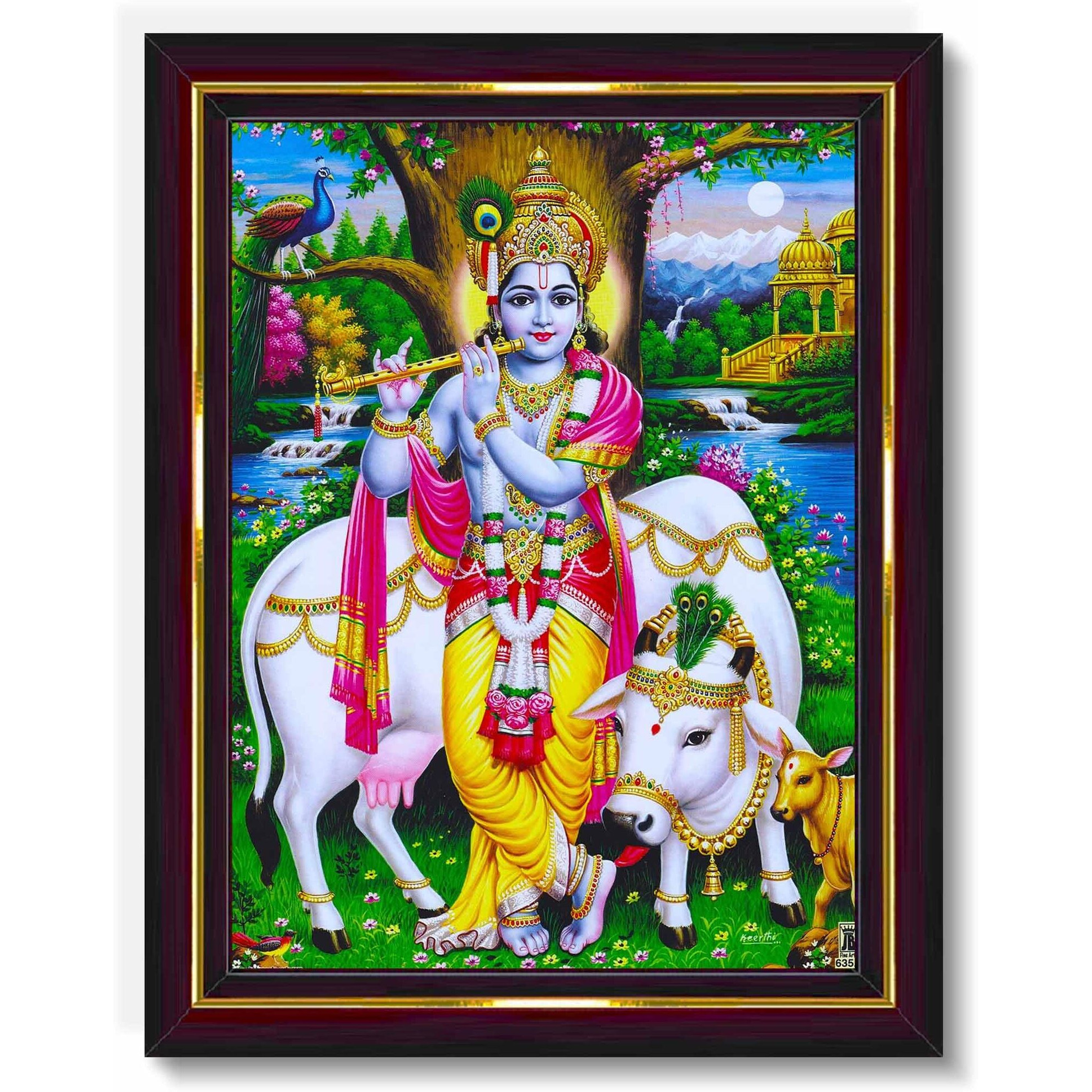 Pavan Photo Laminations Lord Gopala Krishna Murali Gopal Cow Calf Wall Painting Framed Home Decor (Wood,Matte,Brown,Small Size,6 X 8 Inch) B683S