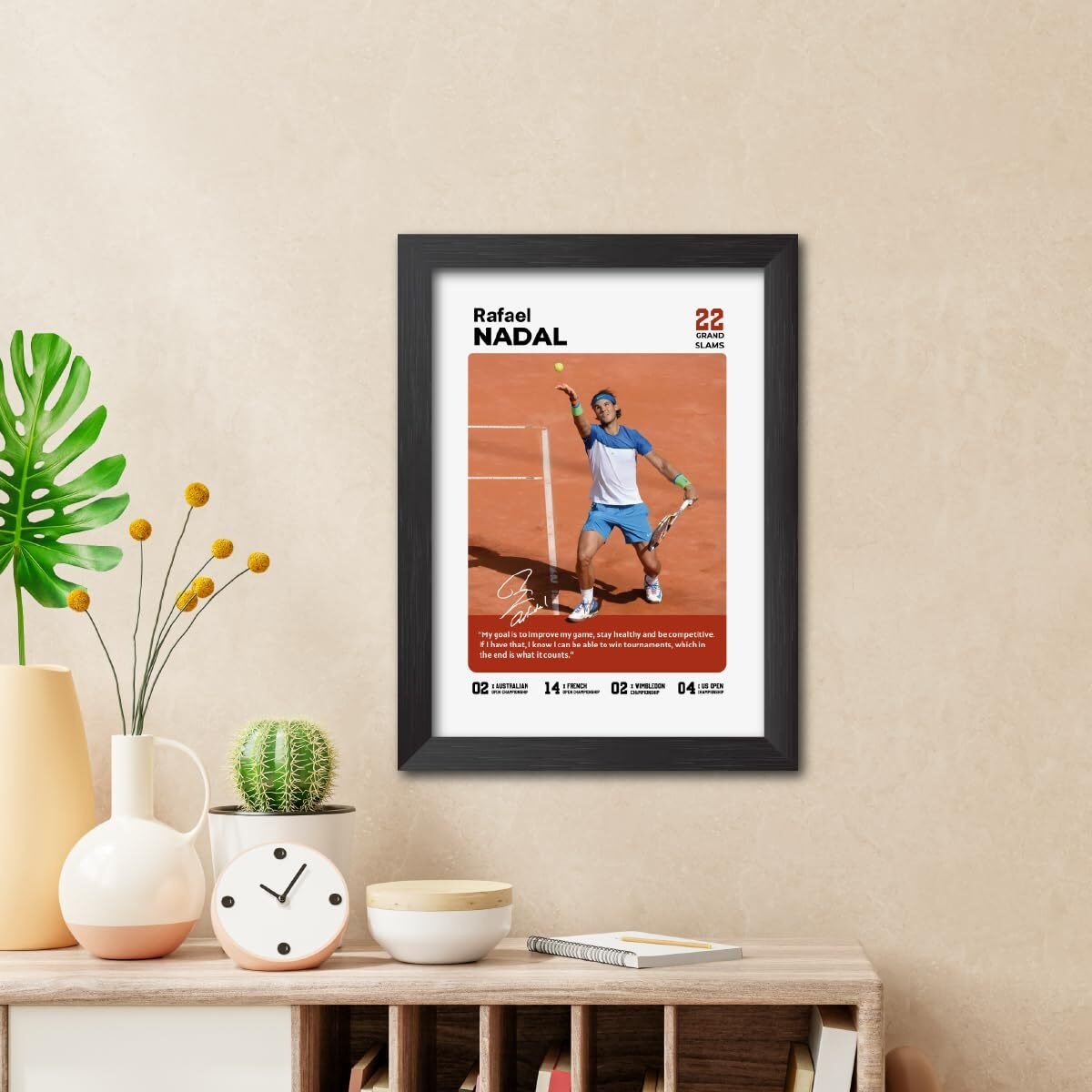 Tenorarts Rafael Nadal Poster With Quote Tennis Player Laminated Photo Framed Painting With Matt Finish Black Textures (9 Inches X 12 Inches)