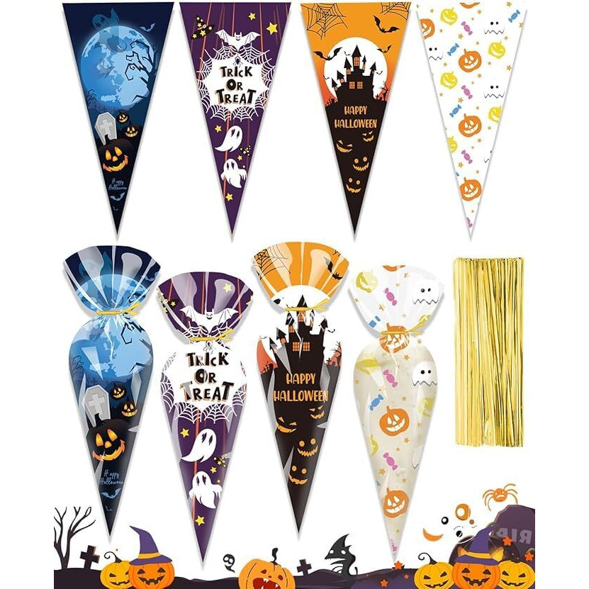 The Decor Wick 25 Pieces Halloween Treat Bags, Cellophane Gift Goodie Bags With Ties, Cone Shaped Plastic Treat Bags For Halloween Cotton Candy, Popcorn, Cookies, Snack