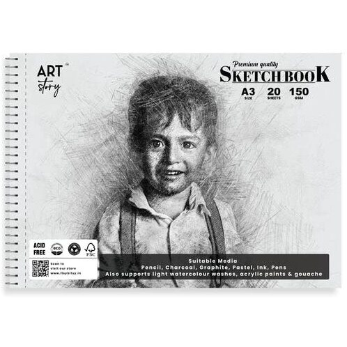 Art Story A3 Sketch Book With Wire O Binding, 150Gsm, 20 Sheets Of Acid-Free Paper | Ideal For Sketching, Drawing, Pencil Art, Pastels, Watercolor | Suitable For Professional And Beginner Artists