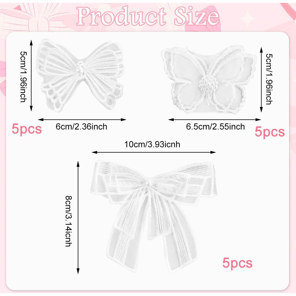 Hasthip 15Pcs Applique Patches Embroidery Butterfly Decals Diy Crafts White Lace Bow Charms Sheer Sew Iron On Patch For Decorating Wrapping Making Hair Accessory Brides Dress (3 Styles)