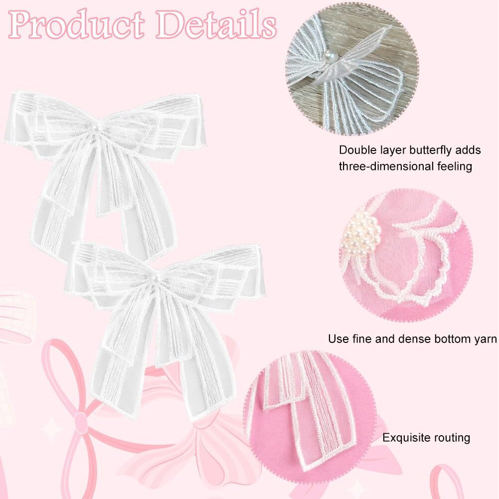 Hasthip 15Pcs Applique Patches Embroidery Butterfly Decals Diy Crafts White Lace Bow Charms Sheer Sew Iron On Patch For Decorating Wrapping Making Hair Accessory Brides Dress (3 Styles)