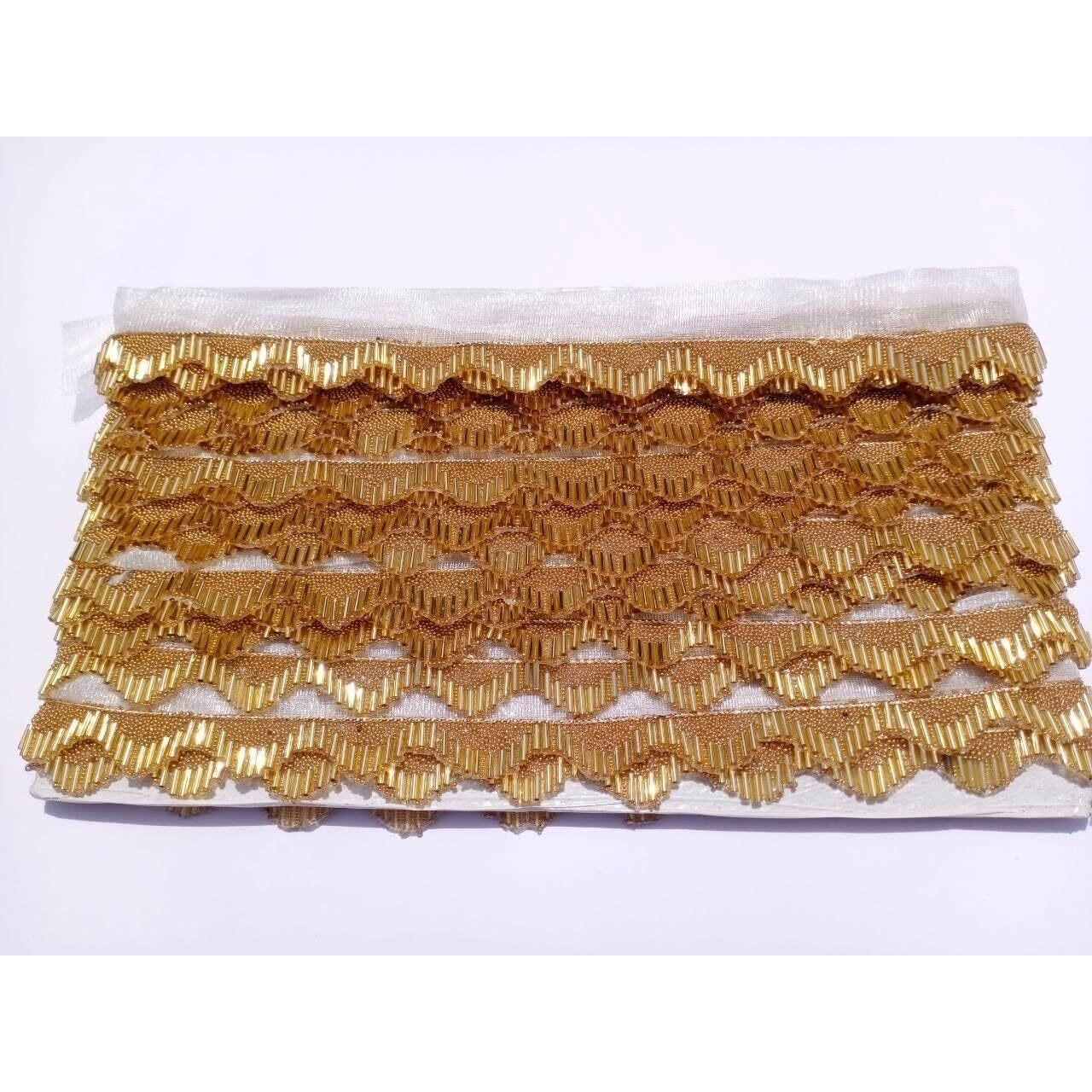 Nnj Group Lace For Saree Border Finetage Pipe In Net Fabric Border Lace For Dresses, Sarees, Lehenga, Suits, Blouses, Dupatta, Chunri And Craft (9 Meters 354 Inch Gold, Small Moti) (Golden)