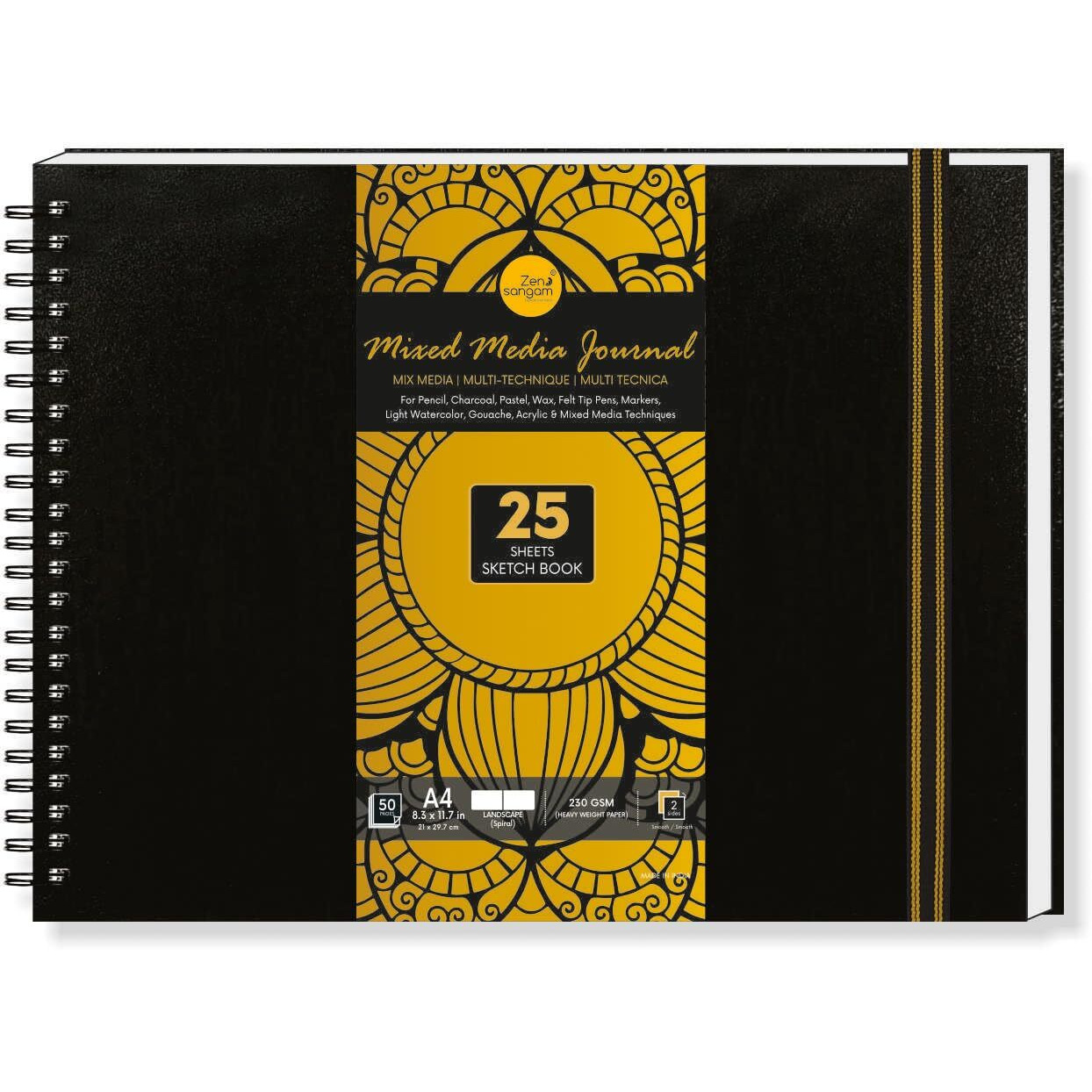 Zen Sangam - A4 Landscape Artists- 230 Gsm (50 Pages), Spiral Mixed Media Art Journal - Ultra Smooth Surface - Acid Free Cartridge Paper - Size(29.7X 21Cm)-For Pencils,Chalk,Oil Pastels,Crayons-Black