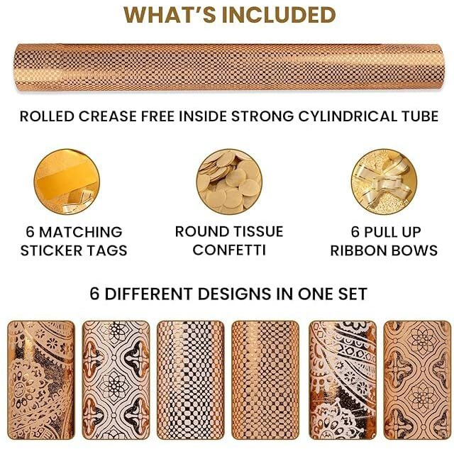 Kidsywinsy Premium Gift Wrapping Paper Sheets (Copper Foil, Pack Of 12) With Tags, Ribbon Bows, Confetti | Gift Wrap Paper For Packing | Wrapping Sheets For Birthday, Wedding Anniversary, Festive Occasions