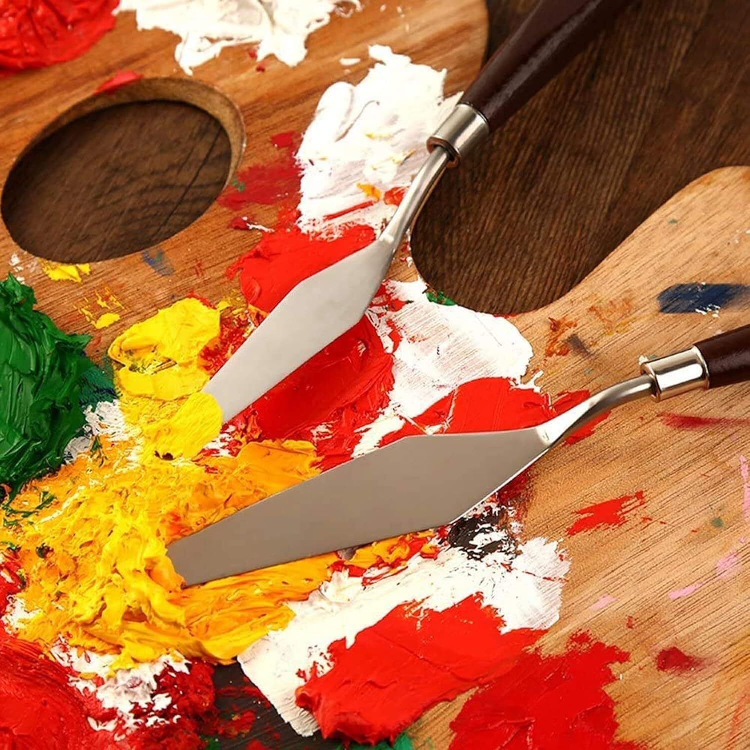Eclet Palette Painting Knives - Set Of 5 Various Sizes & Shapes, Stainless Steel Scraper Spatula With Polished Brown Handle For Artist Canvas Oil Paint Mixing Colour(L)