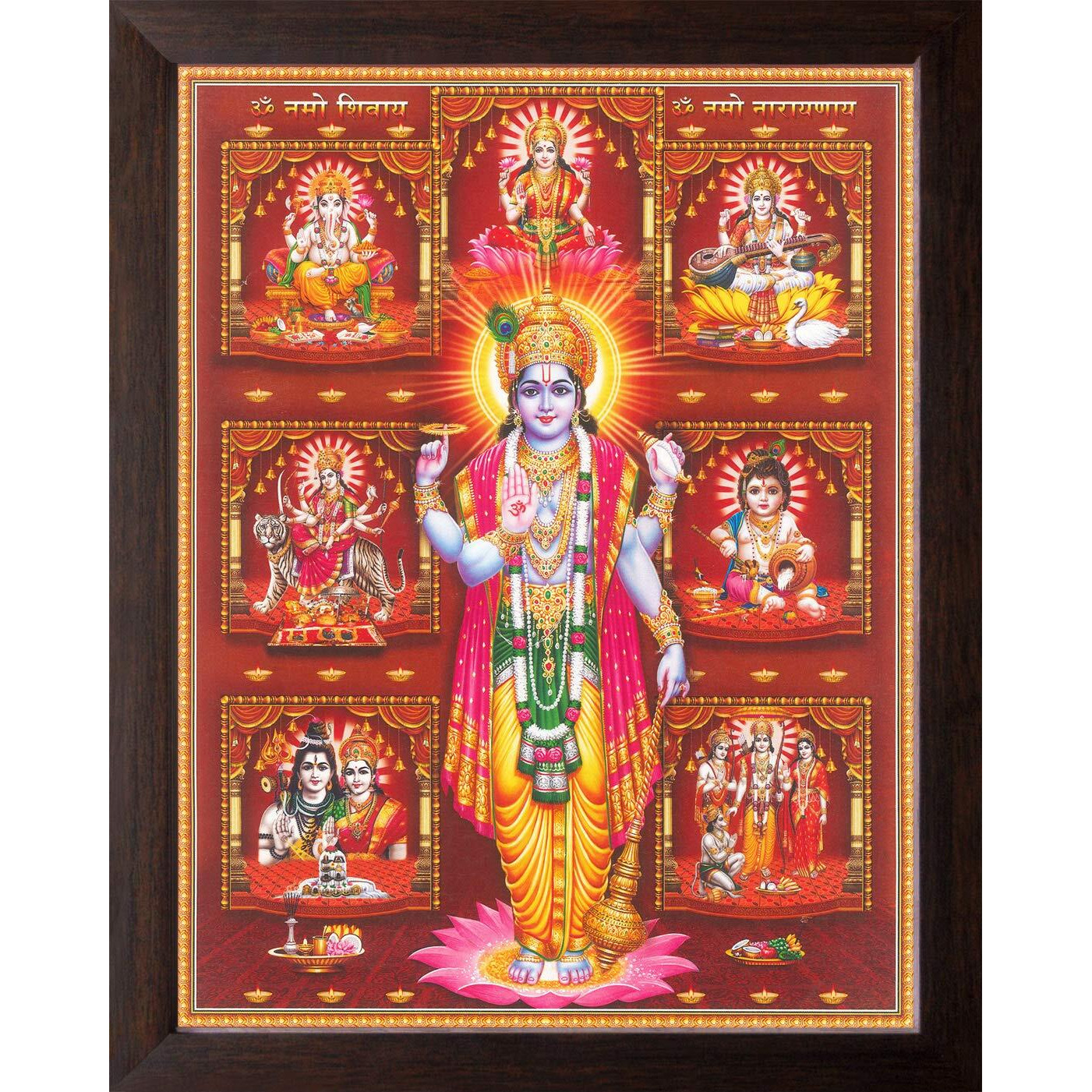 Art N Store Lord Vishnu/Bhagwan Narayan With Various God, Hd Printed Religious & Wall Decor Picture With Frame For Home, Temple & Office. (7X 9 Inches)