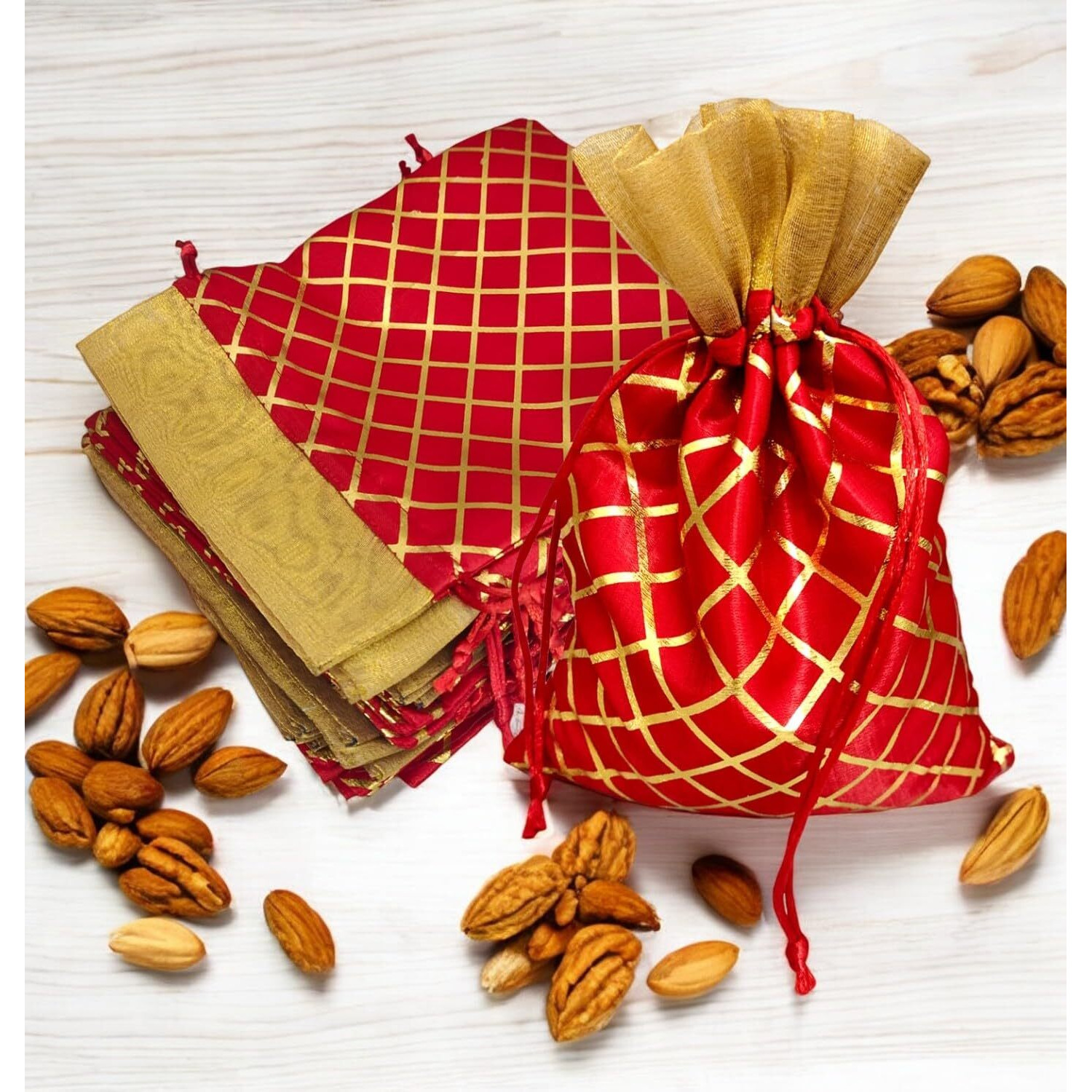 Pandeji Handcrafted Drawstring Pouch With Golden Grid Pattern/Berfi Print, Potli For Gift (Red Color 18Cmx25Cm Medium, Set Of 25Pc)