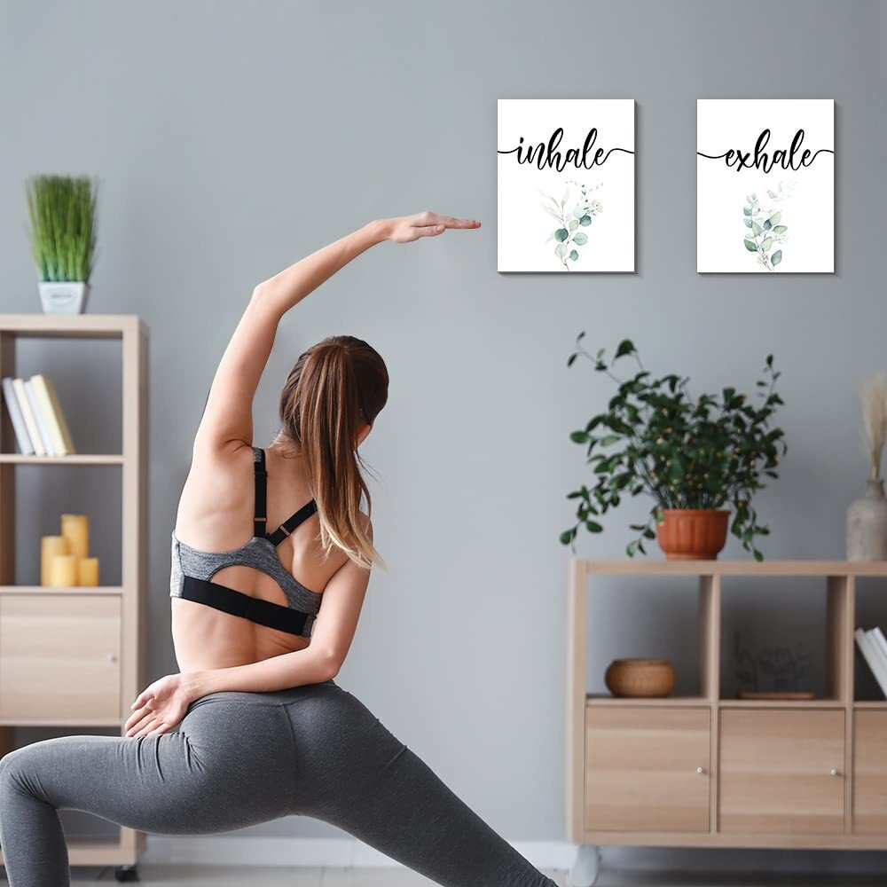 Color Valley Art Inhale Exhale Wood Plaque Prints, Black And White Yoga Wall Art, Modern Zen Print Wall Decor (8 X 10 Set Of 2, White)