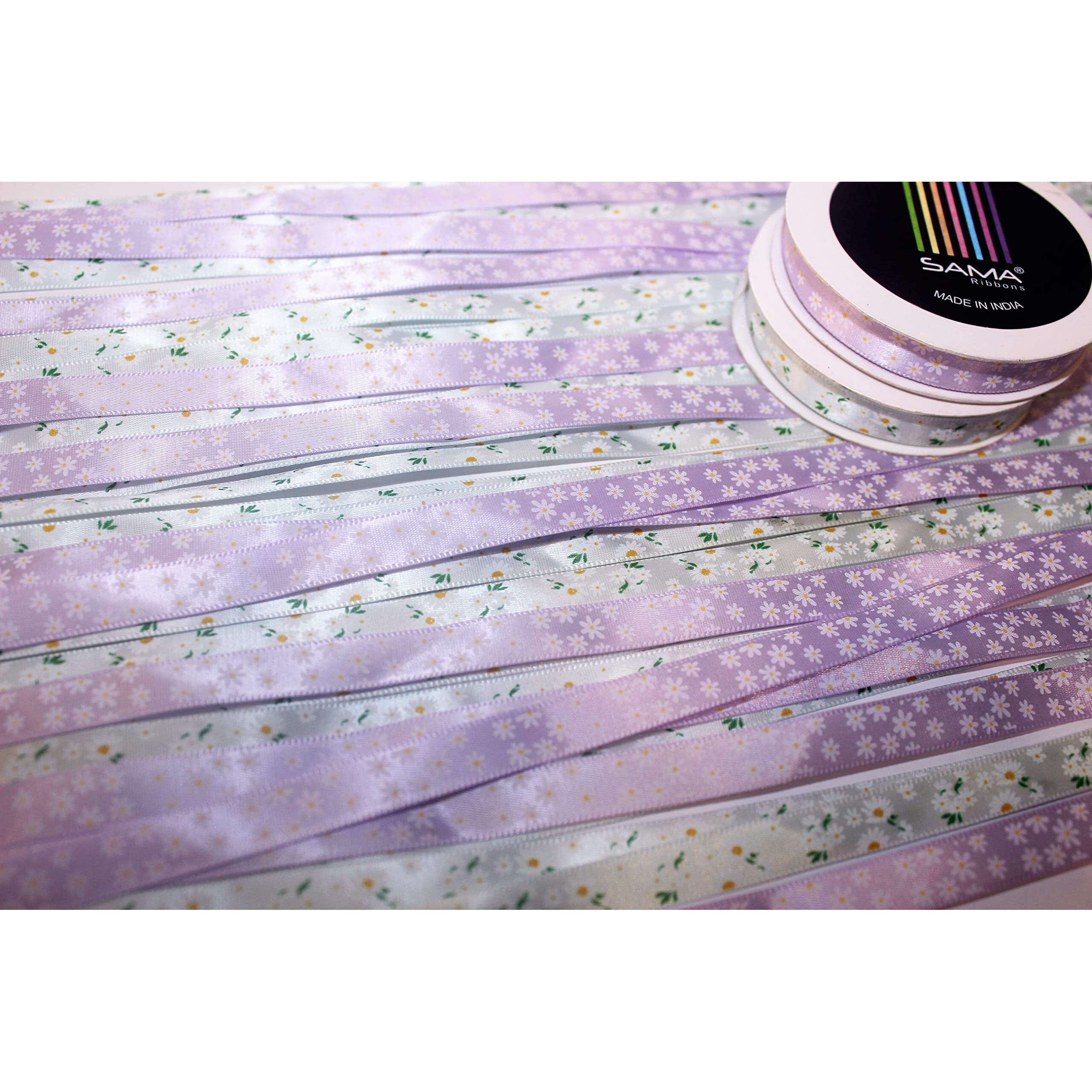 Sama Combo(2Pcs) Satin Ribbon 10 Mm Wide And 10 Mtr. Long 100% Polyester A Grade Export Quality Ribbons For Decoration, Gift Wrapping, Art And Craft Diy Flower Making (Floral Purple & Blue)