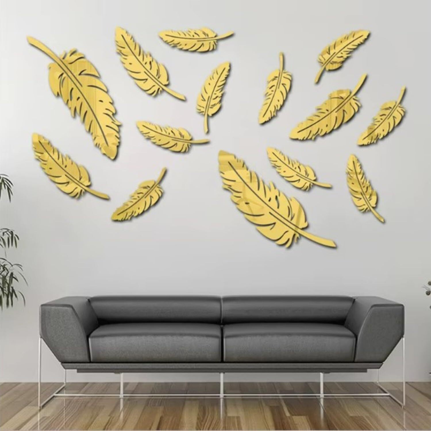 V2H 14Pcs Acrylic 3D Plume Gold Mirror Feather Wall Sticker For Bedroom Home Decoration