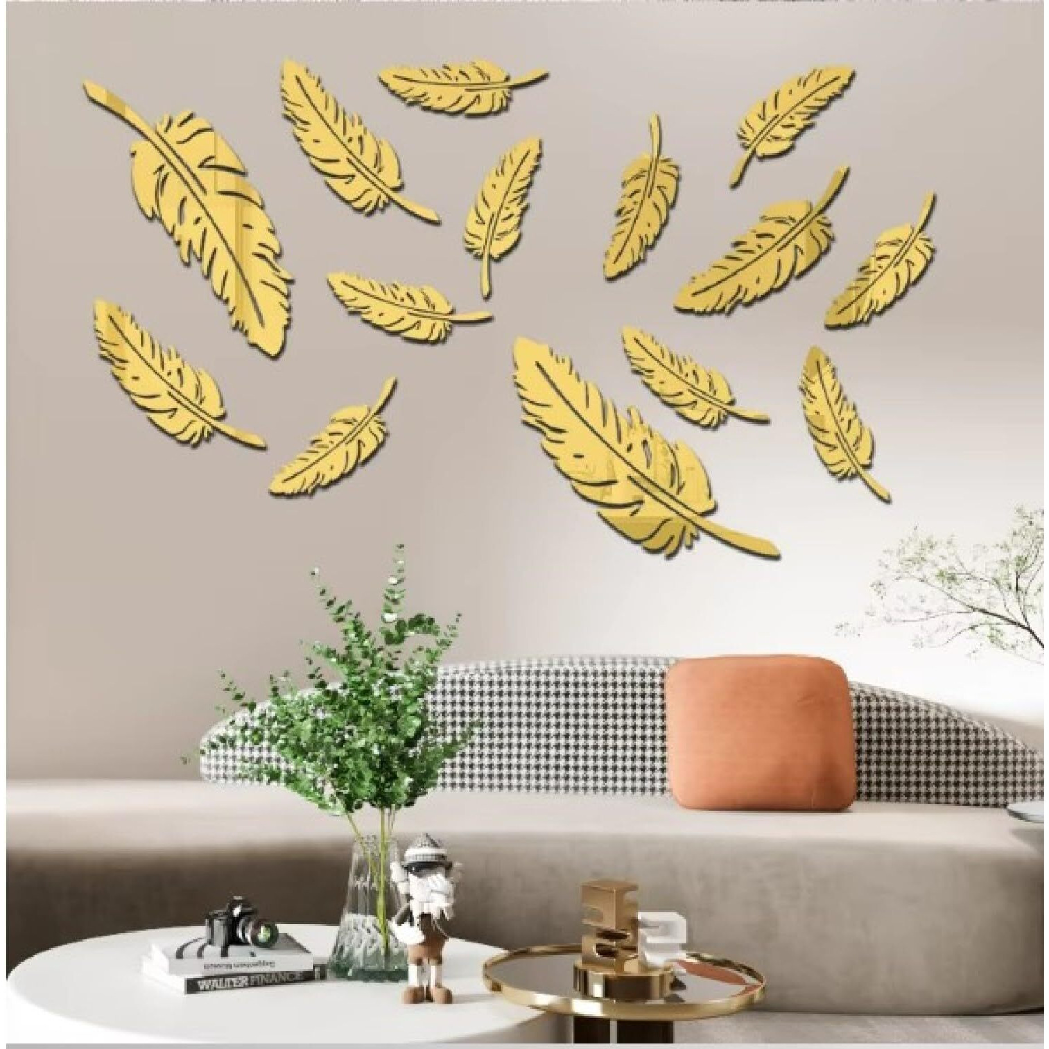 V2H 14Pcs Acrylic 3D Plume Gold Mirror Feather Wall Sticker For Bedroom Home Decoration