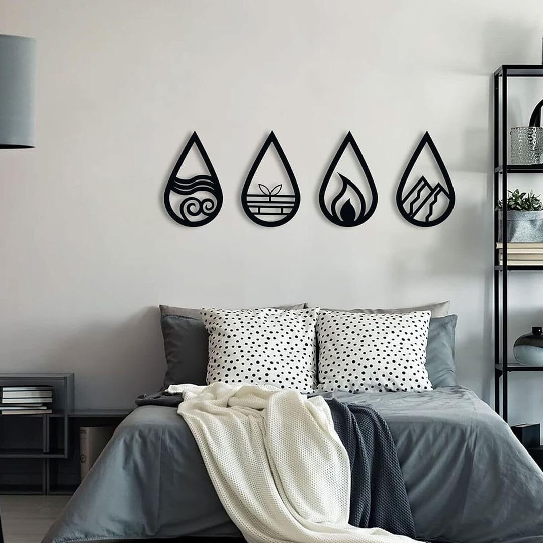 Cvanu Set Of 4 Drop Design Mdf Wall Hanging With Double Sided Tape For Wall Decoration Black (12Inchx8Inch)_W261
