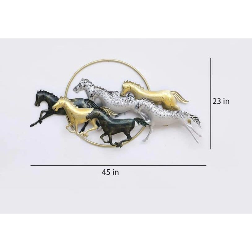 Kokomoon Metal Iron (7 Horse On Ring) Decorative Wall Art/Sculpture For Home Living Room/Bedroom/Hotels/Office/Cafe Etc. Size (45 * 03 * 23 Inch - Multicolor)