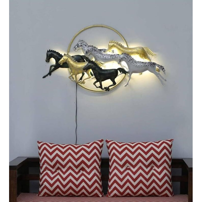 Kokomoon Metal Iron (7 Horse On Ring) Decorative Wall Art/Sculpture For Home Living Room/Bedroom/Hotels/Office/Cafe Etc. Size (45 * 03 * 23 Inch - Multicolor)