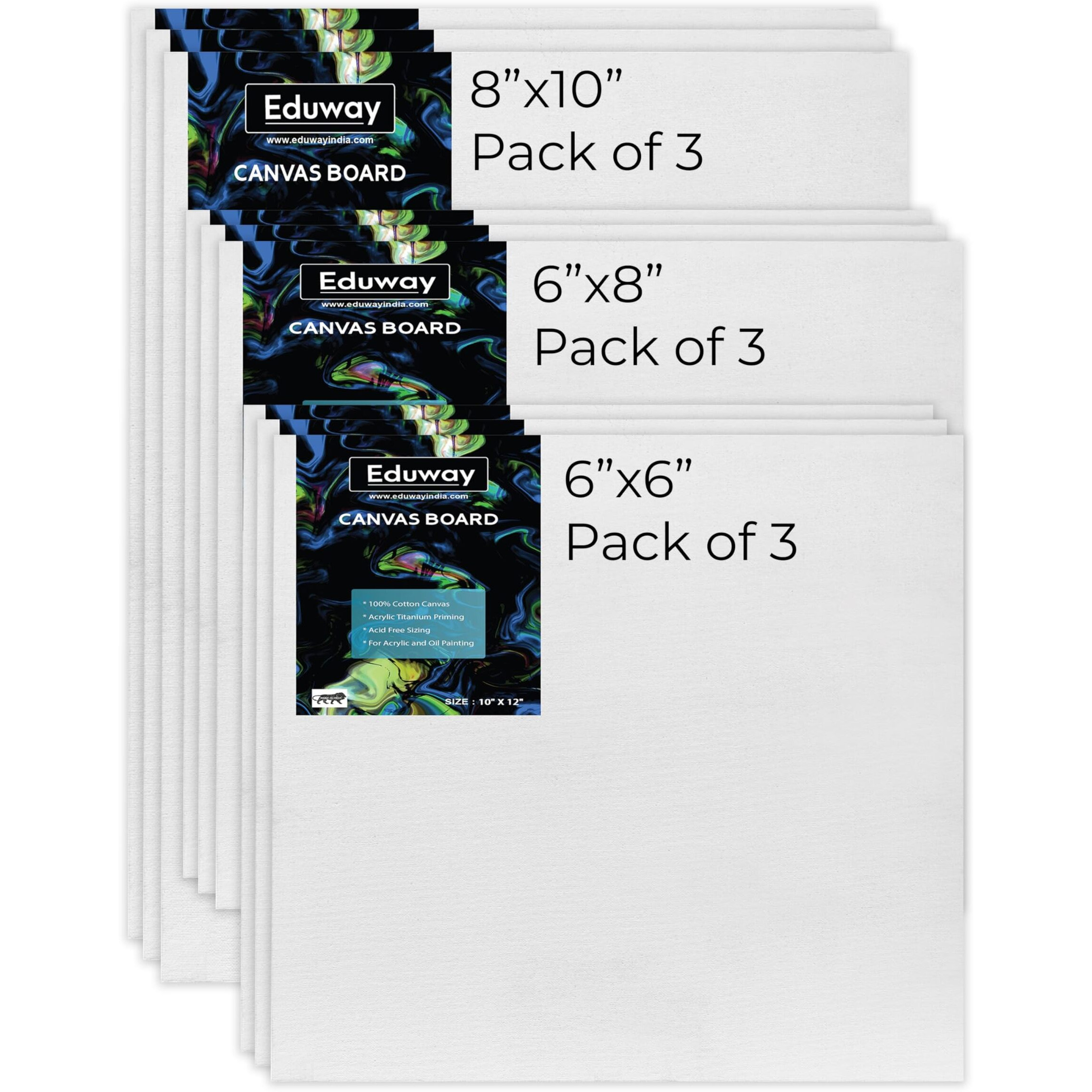 Eduway Canvas Board For Painting- (6X6 | 6X8 | 8X10) 3 Pcs Each | Premium Quality 7Oz Pre-Primed Cotton Canvas Board For Artists & Beginners | Ideal For Acrylic, Oil, Gouache, Pastels Colors ( Pack Of 9) (15X15, 15X20, 20X25 Cms)