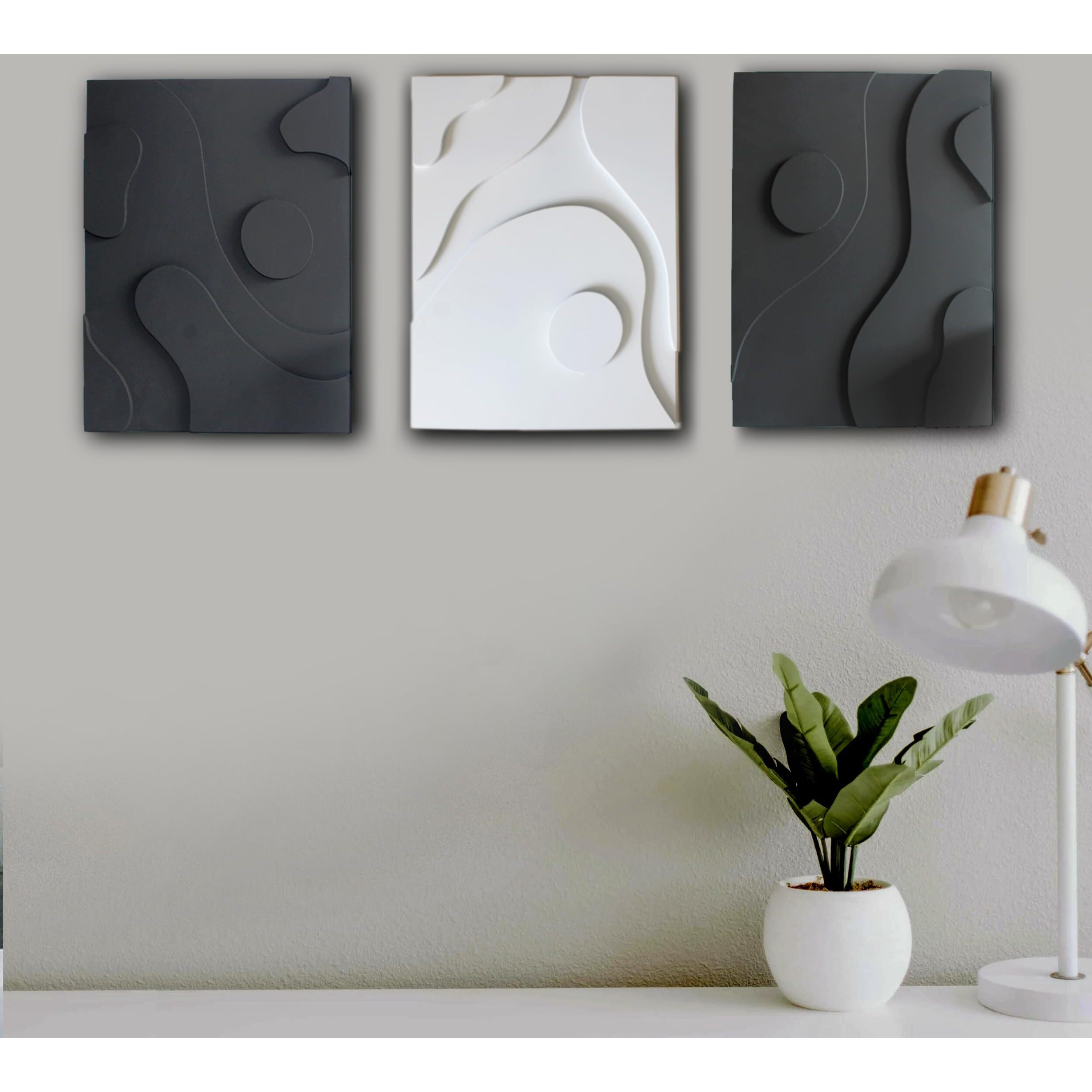 Vah- Kya Bat Hai  Set Of 3 White And Black Abstract 3D Textured Wall Dcor