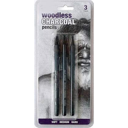 Artbee Black Woodless Charcoal Pencils, 3 Piece. Features 3 Grades Of Charcoal Including Soft, Medium And Hard.