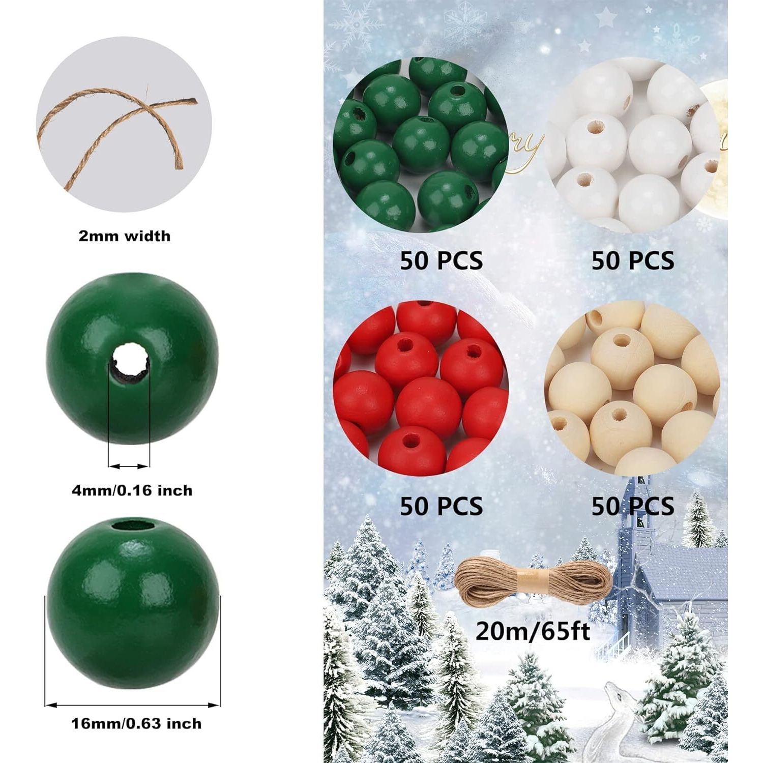 Diy Crafts 130, Christmas Wooden Beads Red White Natural Green Wood Spacer Beads Assorted Color Round Loose Beads For Craft Jewelry Making Garland Holiday Party Supplies (130)