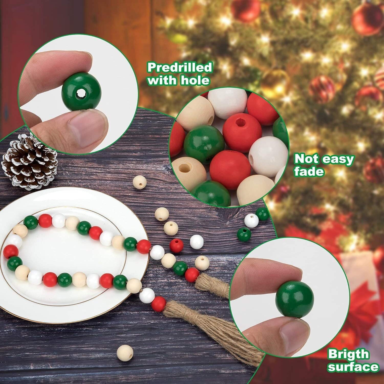 Diy Crafts 130, Christmas Wooden Beads Red White Natural Green Wood Spacer Beads Assorted Color Round Loose Beads For Craft Jewelry Making Garland Holiday Party Supplies (130)