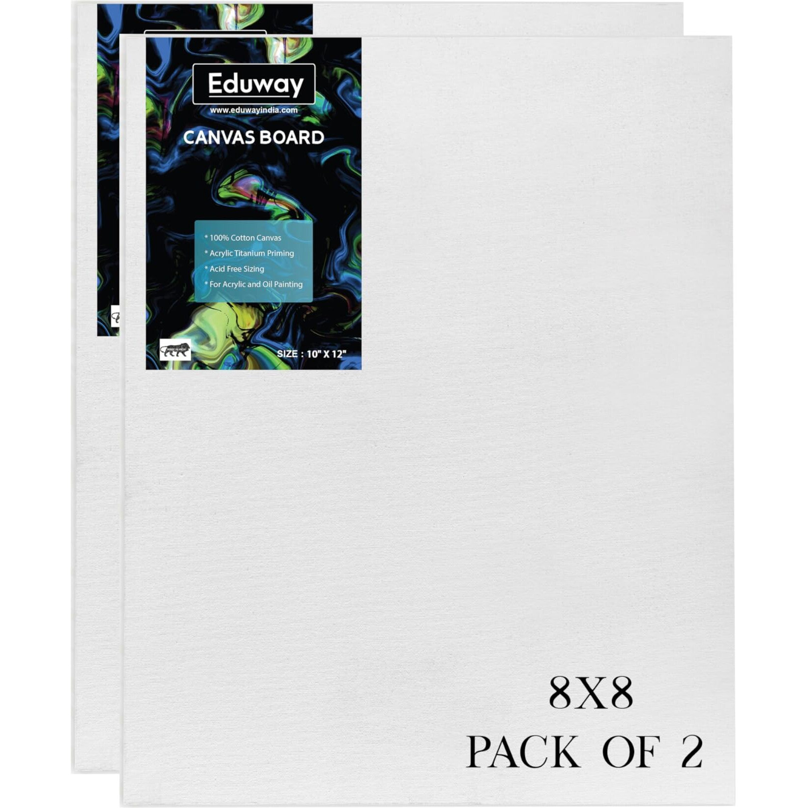 Eduway Canvas Board For Painting- 8X8 Pof 2 | Premium Quality 7Oz Pre-Primed Cotton Canvas Board For Artists & Beginners | Ideal For Acrylic, Oil, Gouache, Pastels Colors (Pack Of 2) (20X20 Cms)