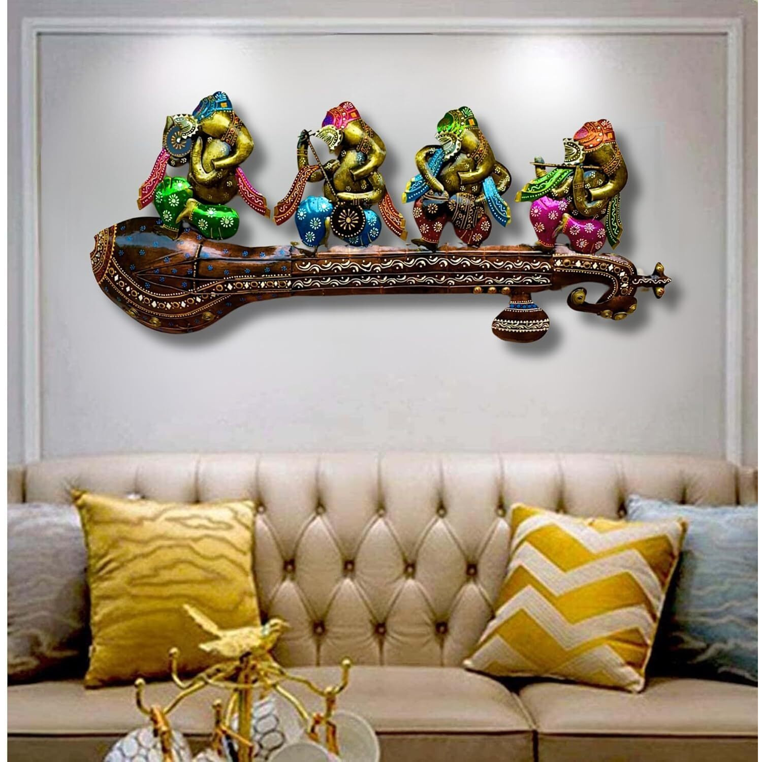 Anshika International Lord Ganesha Playing Instruments Metal Wall Decor/Wall Sculpture/Wall Hanging For Home Decoration Perfect For Living Room With Led (Size 46X19 Inch)