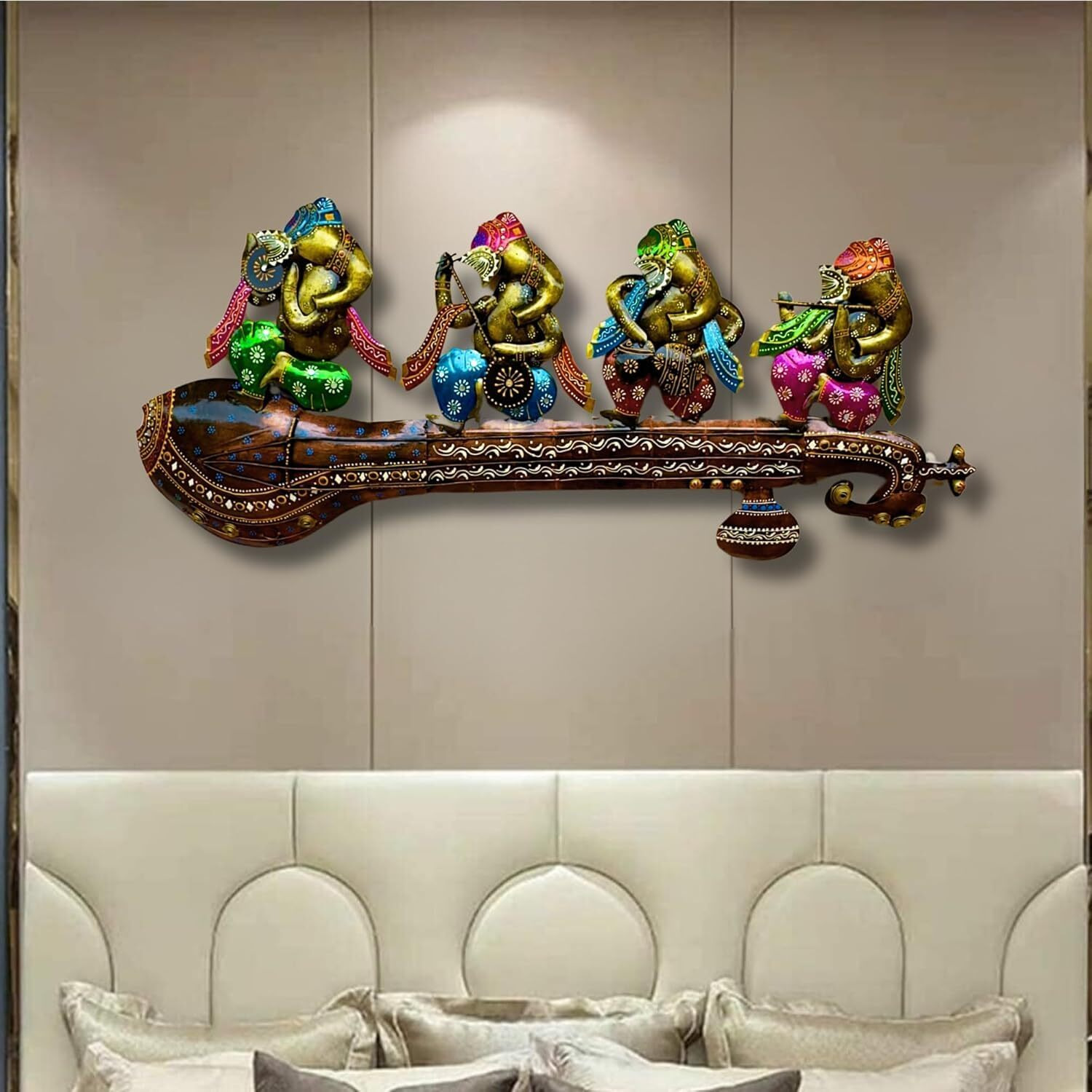 Anshika International Lord Ganesha Playing Instruments Metal Wall Decor/Wall Sculpture/Wall Hanging For Home Decoration Perfect For Living Room With Led (Size 46X19 Inch)