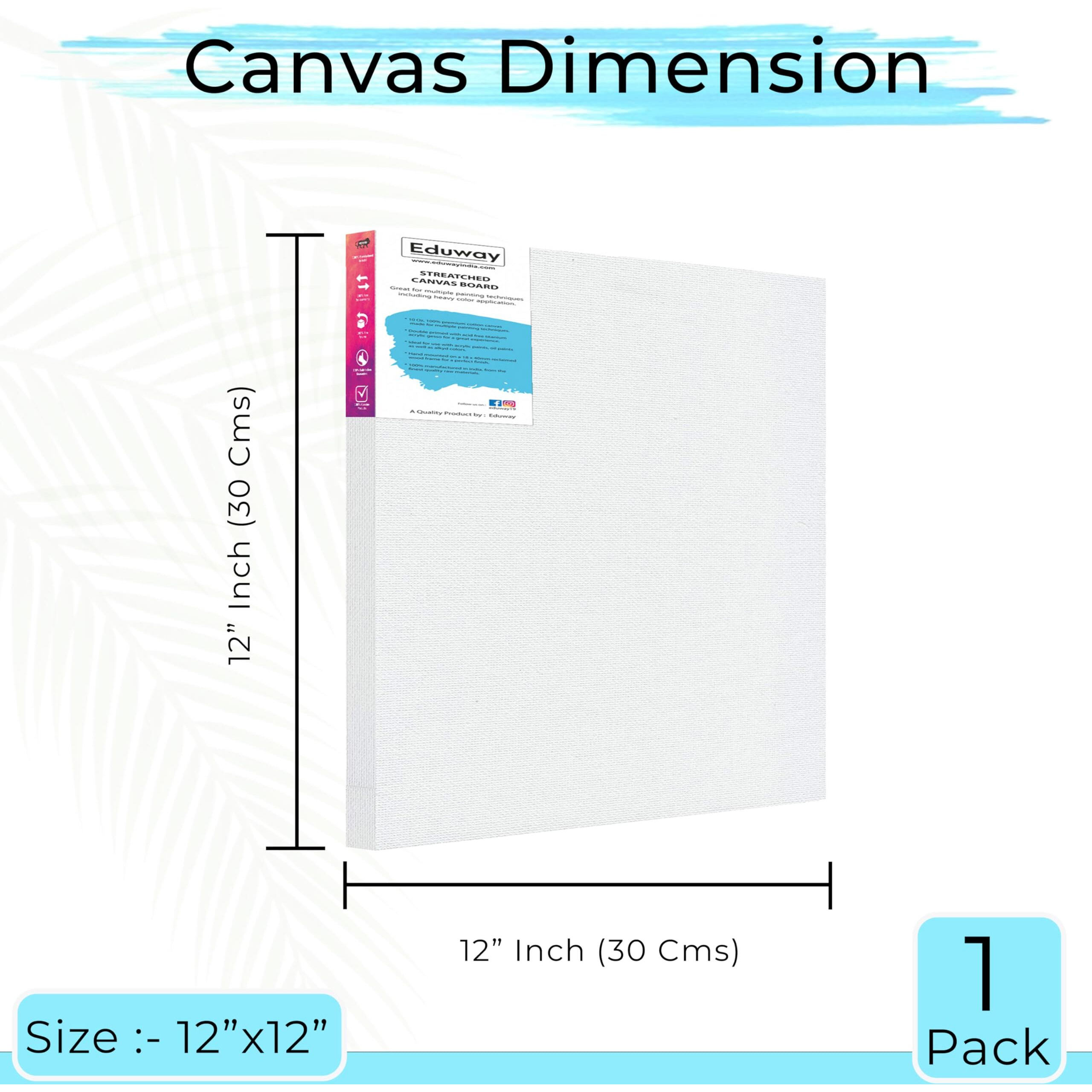 Eduway 12X12 Inches Pre Stretched Medium Grain 7Oz Primed Cotton Painting Canvas With Wooden Frame For Beginners & Artist | Suitable With Acrylic, Oil, Water Colours - (Set Of 1)`