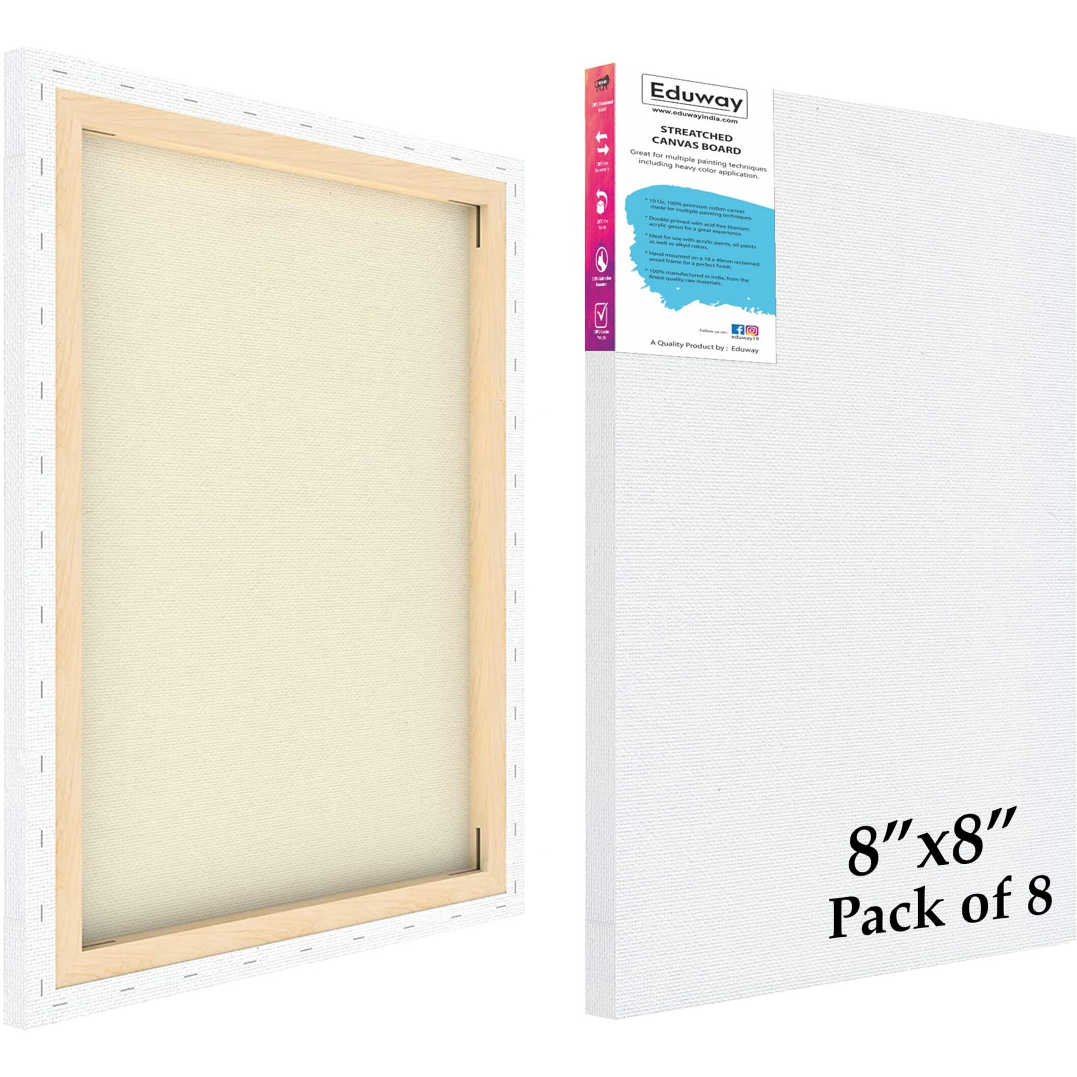 Eduway 8X8 Inches Pre Stretched Medium Grain 7Oz Primed Cotton Painting Canvas With Wooden Frame For Beginners & Artist | Suitable With Acrylic, Oil, Water Colours - (Set Of 8)`