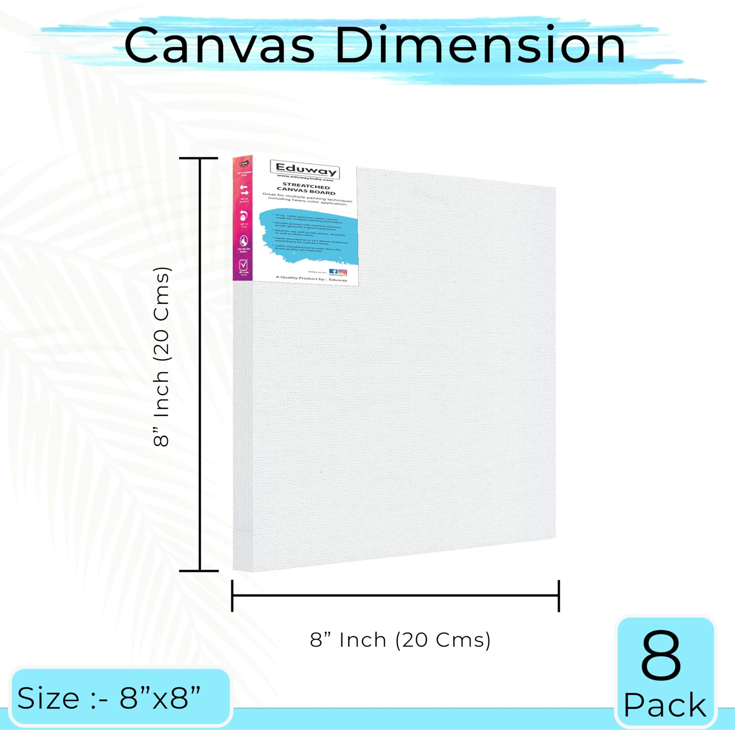 Eduway 8X8 Inches Pre Stretched Medium Grain 7Oz Primed Cotton Painting Canvas With Wooden Frame For Beginners & Artist | Suitable With Acrylic, Oil, Water Colours - (Set Of 8)`
