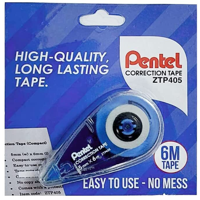 Pentel Correction Tape | Non-Toxic & Strong Adhesive Tape | 6M Long Lasting Writable Tape | 5Mm X 6M | Blue | Pack Of 2 (Ztp405)