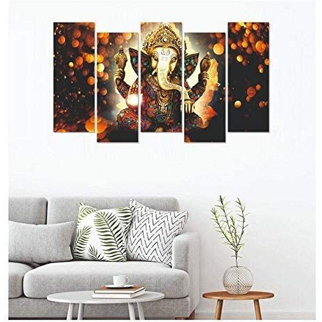 Printelligent Lord Ganesha Multi Panels Wall Painting Art Reprints For Living Room Bedroom Hotel Office (Sun-Board, Size-27 X 50 Inches, 5 Panels) (Art Deco_10)