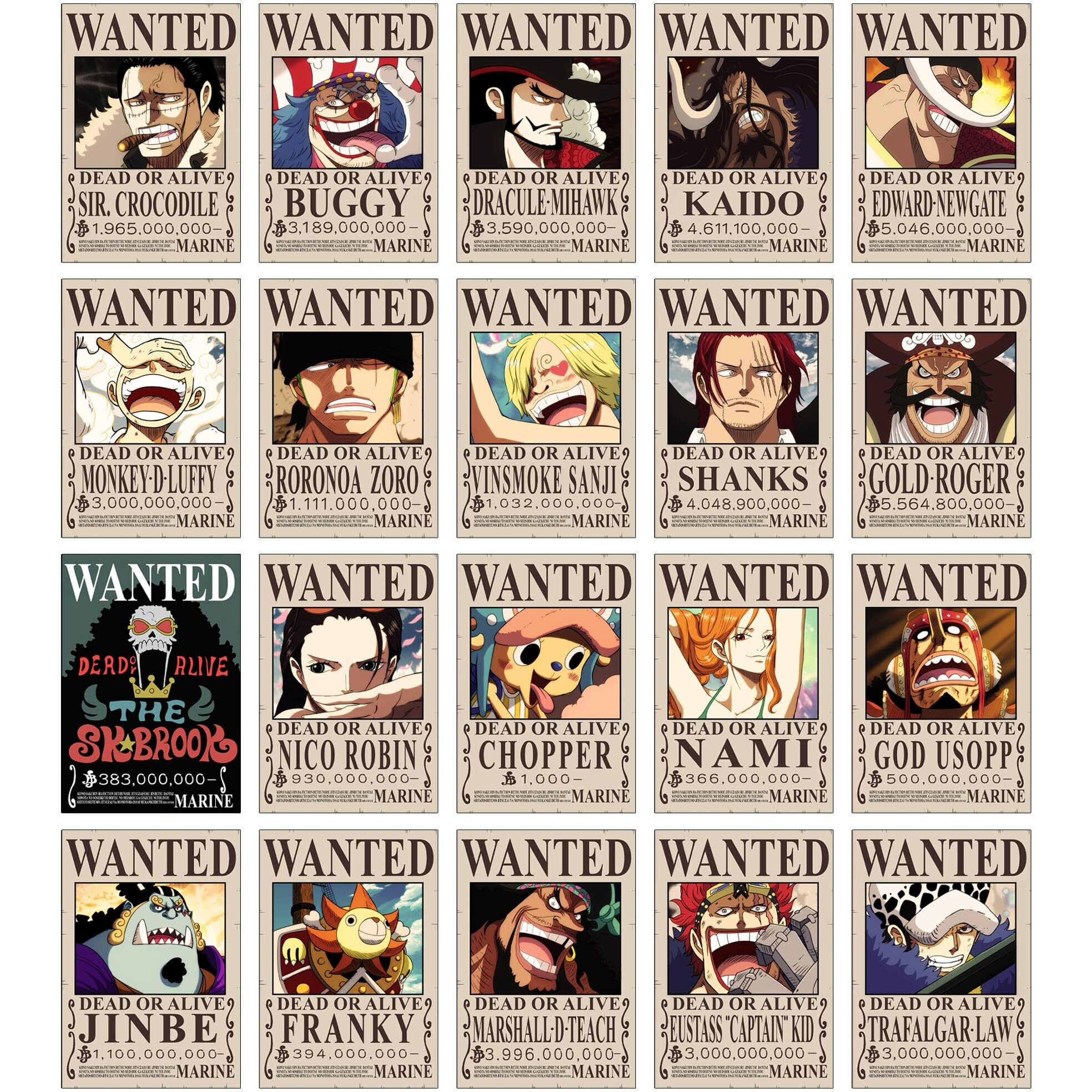 Thepaper9Store One Piece Wanted Posters|Set Of 20 One Piece Bounty Posters For Wall|Self Adhesive|8.312 Inches|Anime Posters For Room|(Post Wano Bounties)